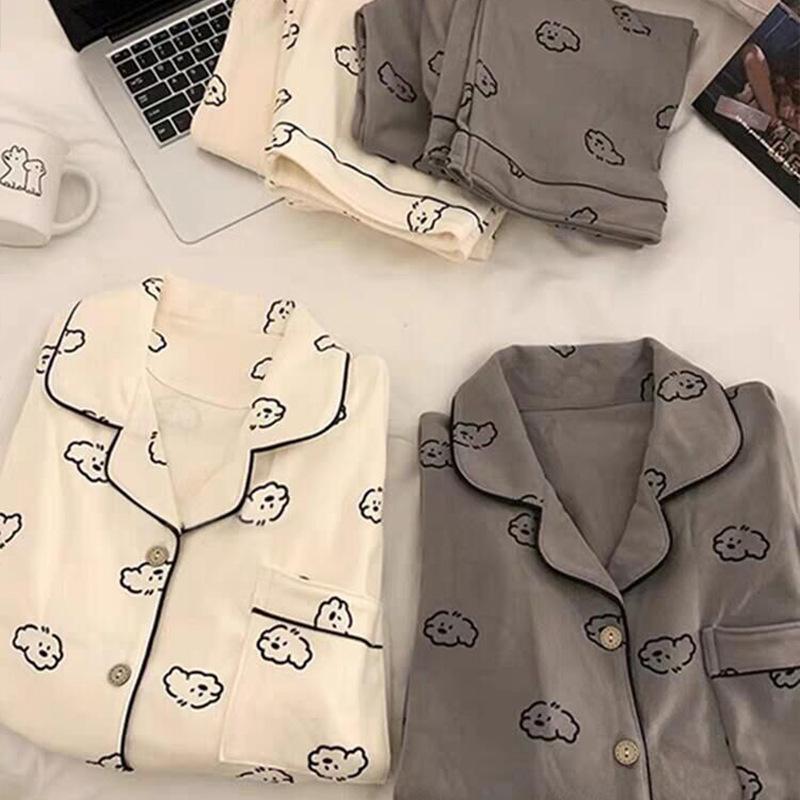 Japanese Style Long Sleeve Cotton Pajamas - Spring/Fall, Plus Size for Couples Women s M [Cloud White, Premium Cotton-like]