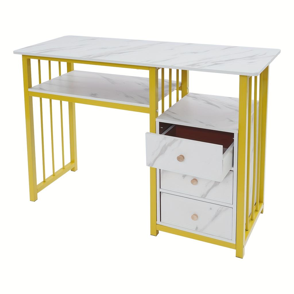 Modern Marble-textured Nail Table with Steel Frame and Veneer Top, Gold/white Finish for Salons, Spas, and Home Beauty Stations