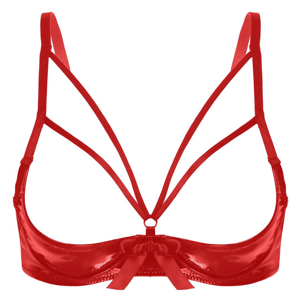 Womens Patent Leather Underwired Bra Strappy Open Cup Adjustable Shoulder Strap Lingerie Clubwear Tops