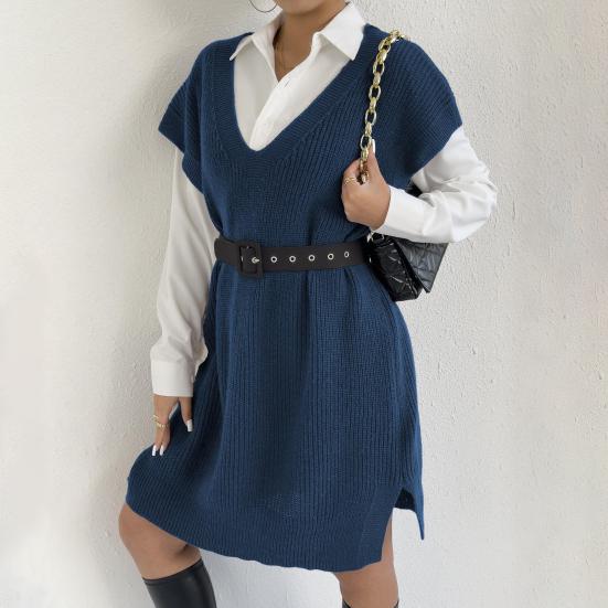 Women Sweater Vest V-Neck Sleeveless Solid Color Knitting Vest Loose Fit Side Split Design Casual Sweater Vest