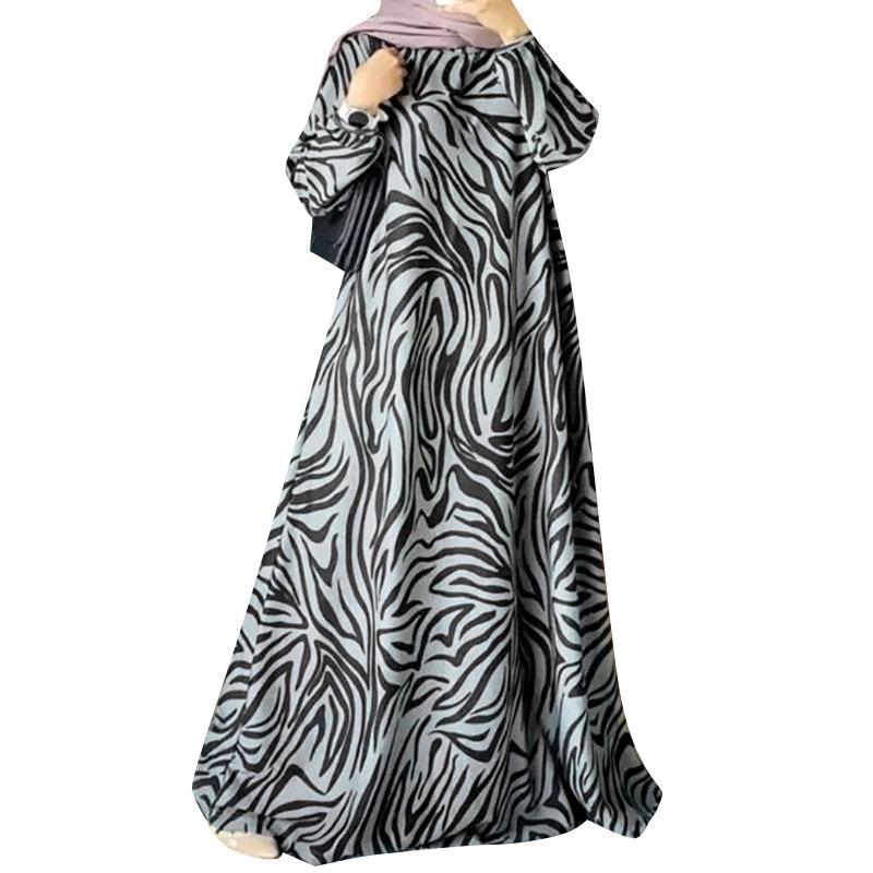

Middle Eastern Muslim Malay Full Sleeve Round Neck Printed Robe Dress with Long Skirt 5XL чорний