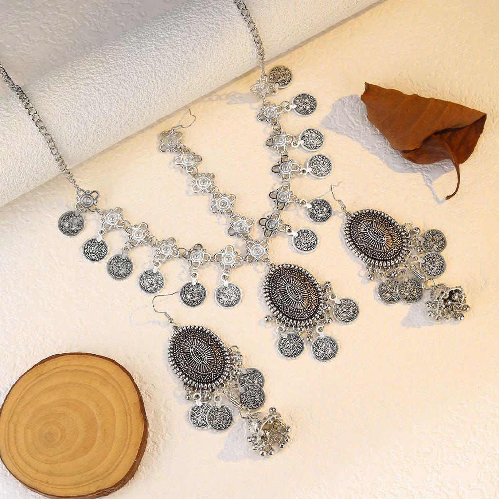Bohemian Exotic Rhinestone Tassel Necklace & Earrings Set In Antiqued Alloy