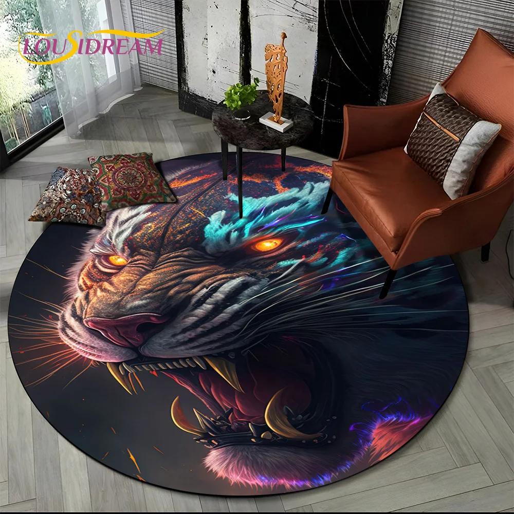Beast Tiger Lion Leopard Animal Wildlife Cartoon Round Carpet Rug for Living Room Bedroom Child Decor,Pet Area Rug Non-slip Mat