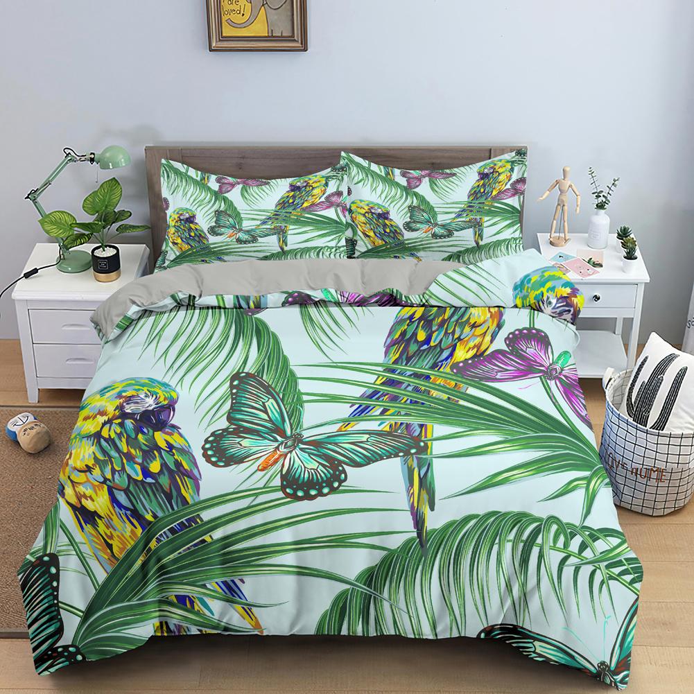 Tropical Leaves Butterfly Printed Duvet Cover Bedding Sets With Pillow Case Luxury Polyester Bedspread Queen/King Size Gift Blue