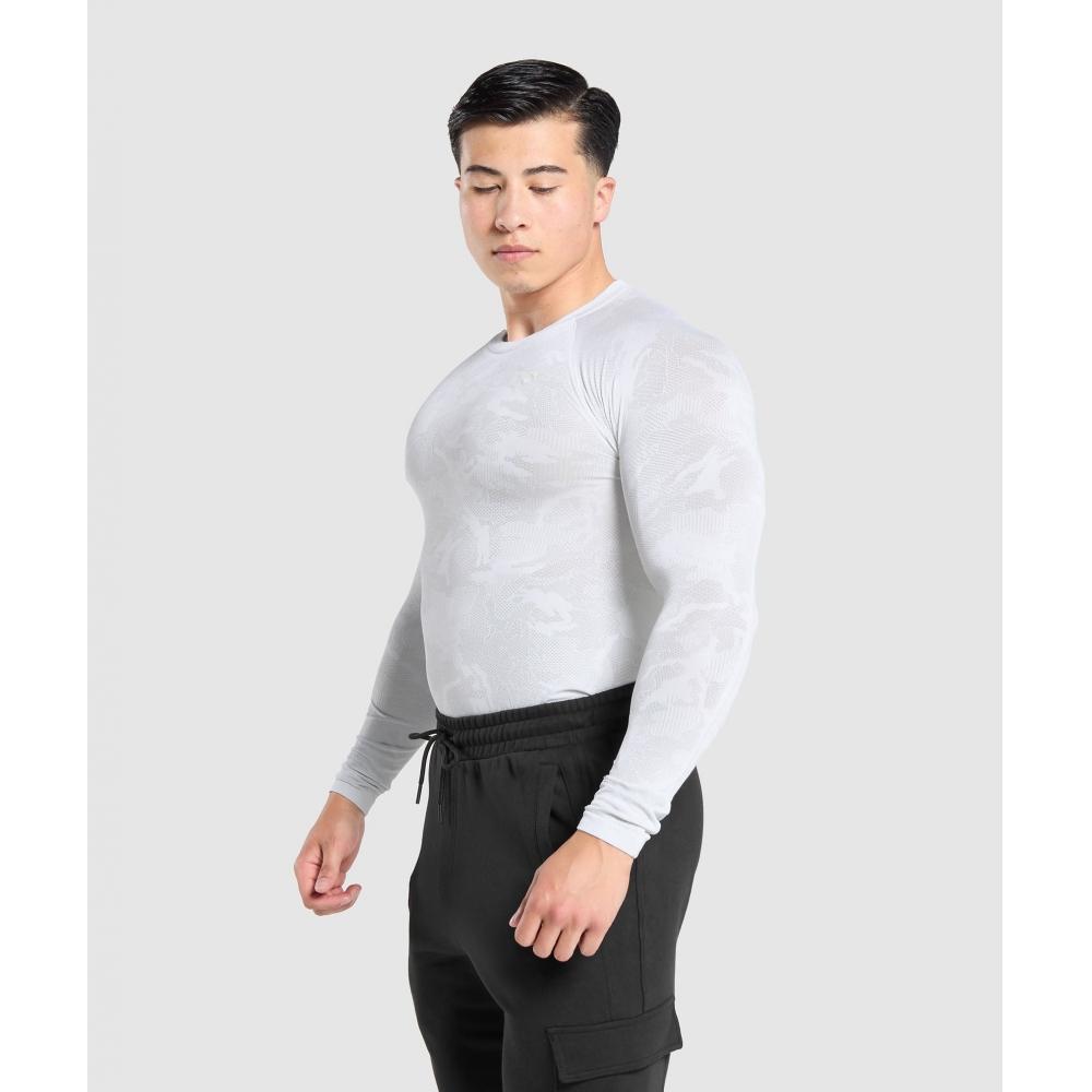 Gymshark Geo Seamless Long Sleeve T shirT whiTe lighT Grey A5a2c Wbdz