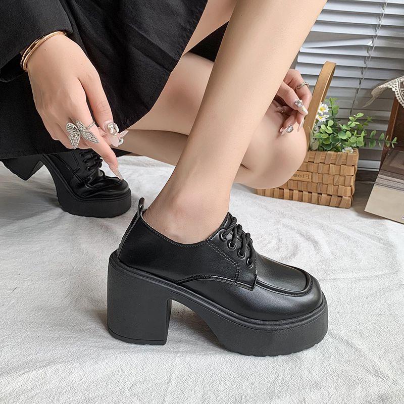

Versatile spring height increase new British style small leather shoes women s lace-up thick heel round head black single shoes platform fashion 40 матовий чорний колір