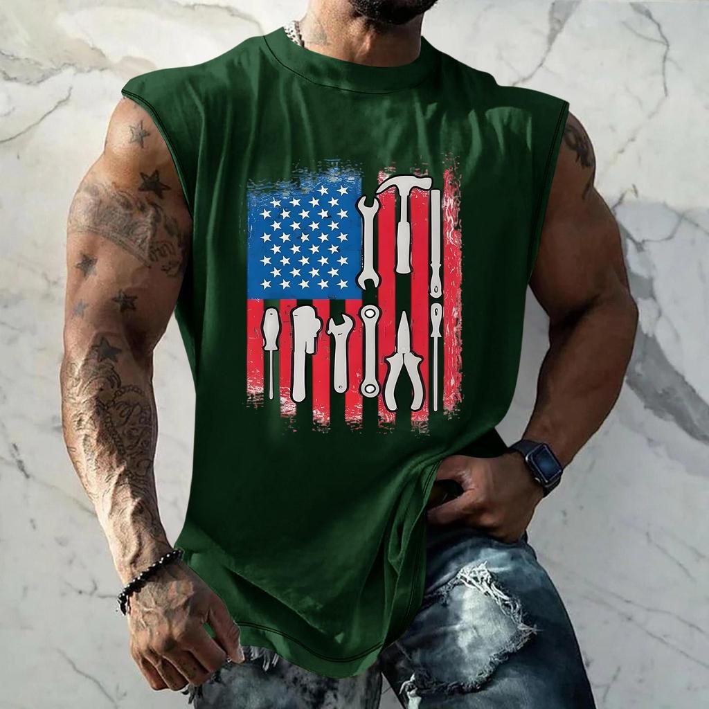 Men's Loose Fit Sleeveless Tank Top Casual Sportswear Muscle Shirt with Tool Print Graphic for Labor Day Outdoor Activities