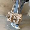 Women's Preppy Style Bow Nylon Shoulder Bag Versatile Solid Color Zipper Sweet Tote Bag for Commuting & Casual Outings CLE