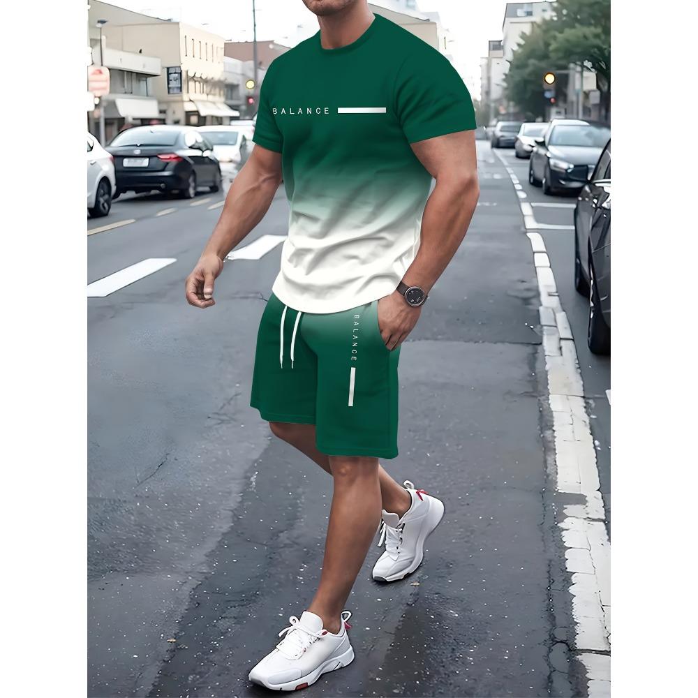 Summer men's short sleeved shorts set with gradient letter digital print