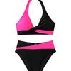 Women's Pink Black Color Block Halter Bikini Set Wrap Front High Waist Two Piece Swimsuit