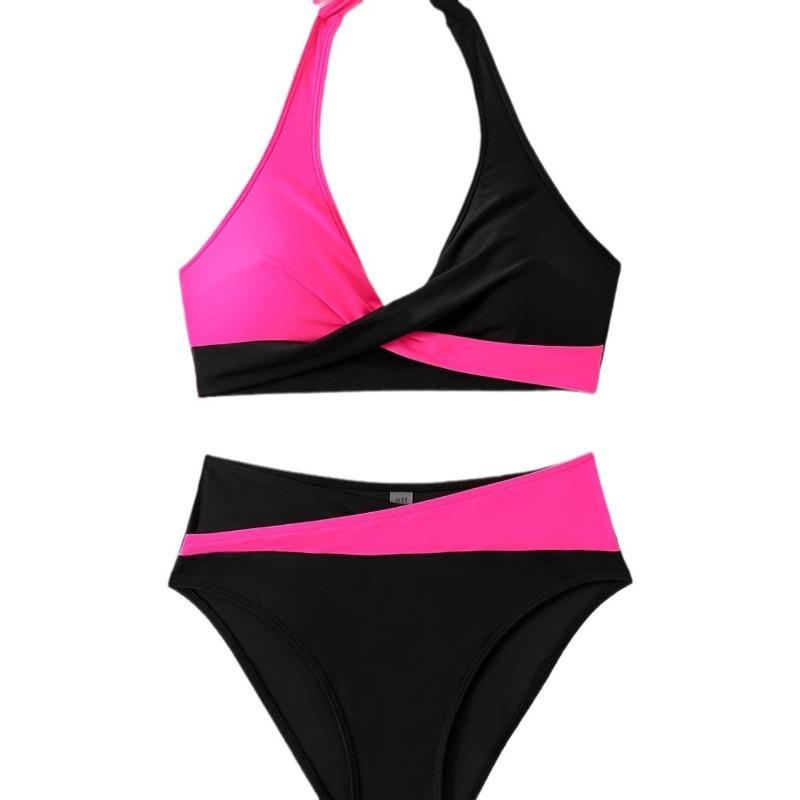 Women's Pink Black Color Block Halter Bikini Set Wrap Front High Waist Two Piece Swimsuit