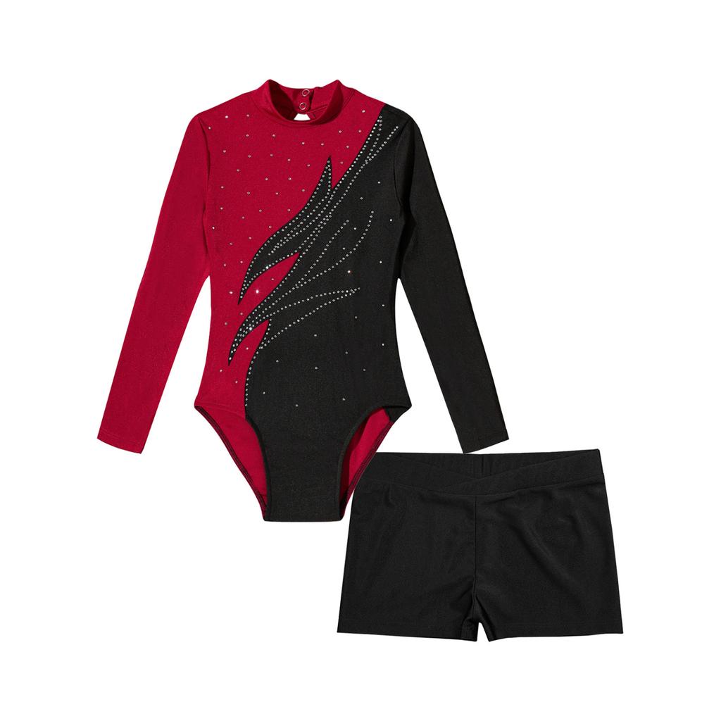 Kids Girls Stylish Clothing Set for Skating Training Wear Outfits Long Sleeve Contrast Color Leotards and Shorts