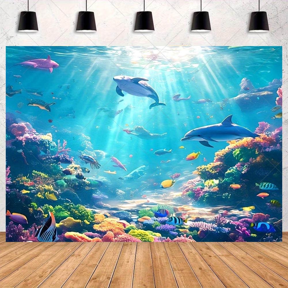 Underwater World Background Decor, Sea Background Banner, Seashell Decorations, Dolphins, Turtles, Underwater Photography Props3425