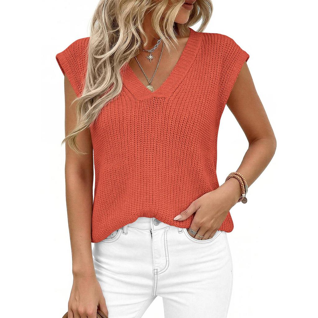 Women's Summer Fashionable Color V Neck Sleeveless Casual Thick Needle Sweater Vest Top