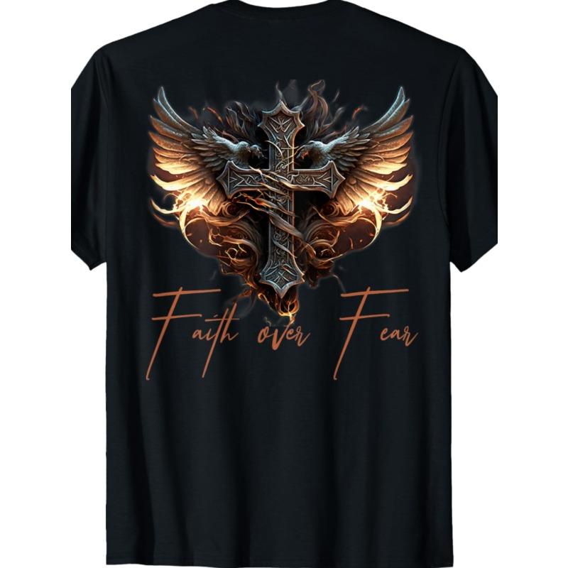 European Sizes Over Fear Back Print T-Shirt - Motorcycle Apparel with Angel Wing & Cross, Casual Round Neck Tee for Biker Enthusiasts & Faith Wear