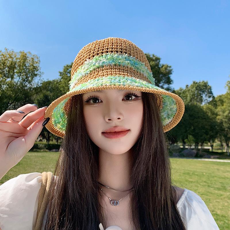 Breathable Sunscreen Hat Women's Summer Idyllic Color Hollow Woven Bucket Hat Outdoor Vacation Beach Hat
