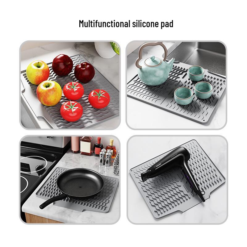 Covoraș de scurgere tacâmuri din silicon antiderapant: Scurgere înclinată pentru uscat farfurii și boluri, rezistentă la căldură.