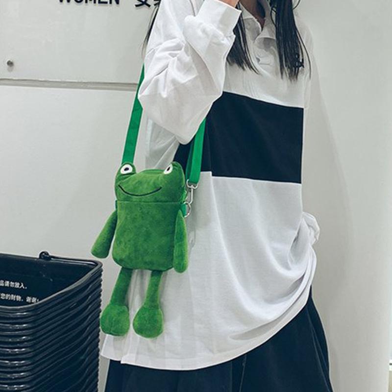 Lässige Cartoon-Umhängetasche, süßes Grün für Frosch, Umhängetasche, Messenger Bag, Plüschtasche, Handtasche für Familientreffen