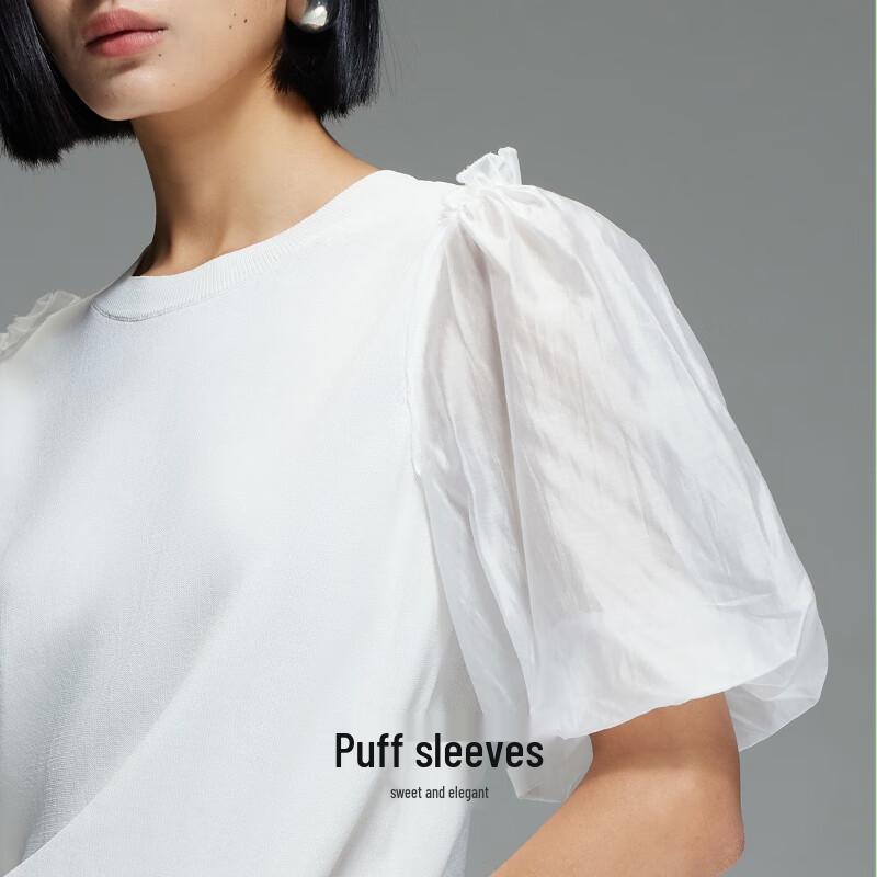 Veromoda 2025 Autumn Ribbed Round Neck Puff Sleeve Knit Top