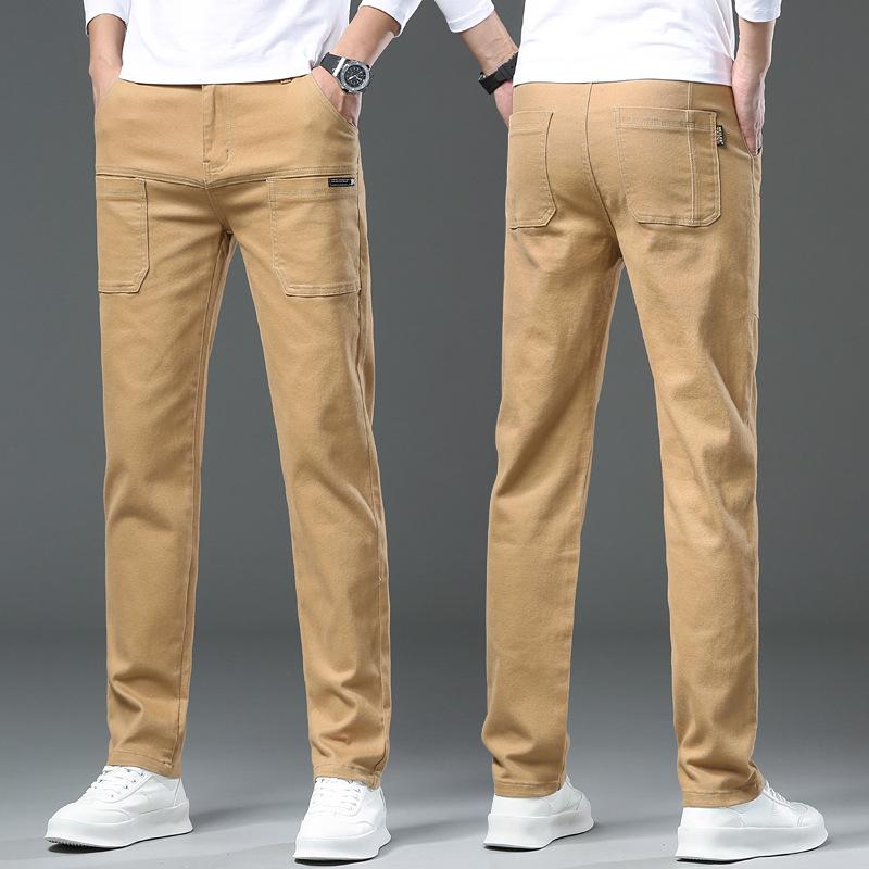 Men's White Six-pocket Stretch Jeans Men's Spring and Summer Trend Straight Slim Multi-pocket Colour Trousers