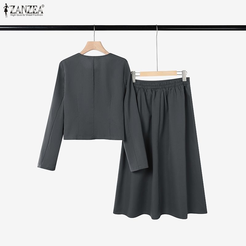 ZANZEA Damska Bluzka z Długim Rękawem i Spódnice Casualowe Zestawy Dwuczęściowe