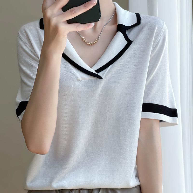 Temperament Summer Versatile Lapel Sweater Short-sleeved Summer Thin Loose Versatile T-shirt Women's Slim Top