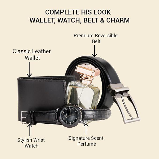 Man’s Gift Set | Combo with Wrist Watch, Reversible Belt, Leather Wallet & Long-Lasting Perfume | Gift For Man |