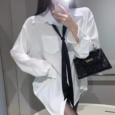 Primavera e outono branco chiffon camisa feminina com gravata solta magro manga longa blusa topos senhora do escritório casual elegante blusas 29285