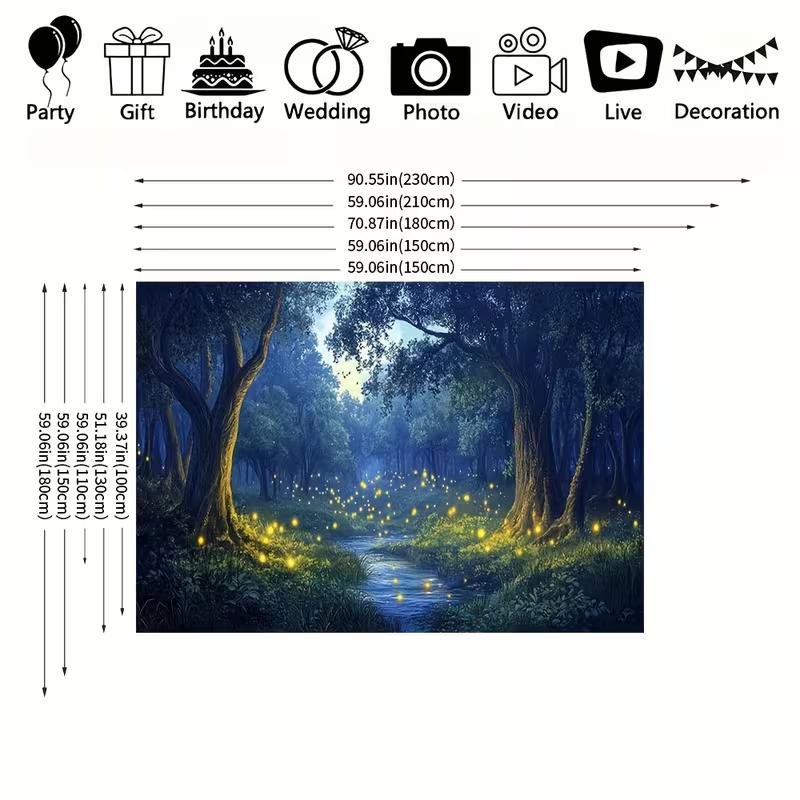 2D Fantasy Firefly Photography Background, Dreamy Night Forest with Glowing Lights and Winding Stream Backdrop