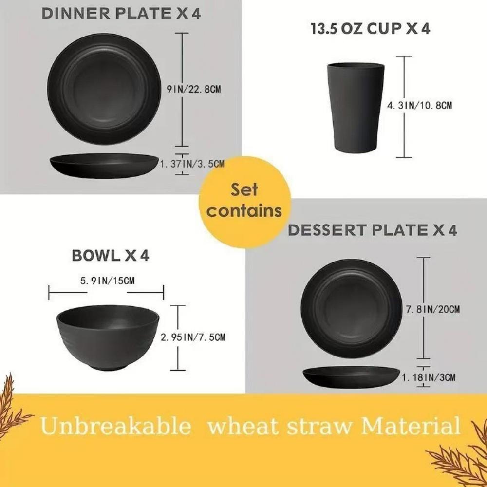 16-piece black polypropylene tableware set: reusable large salad bowls and cereal bowls, suitable for outdoor camping parties.