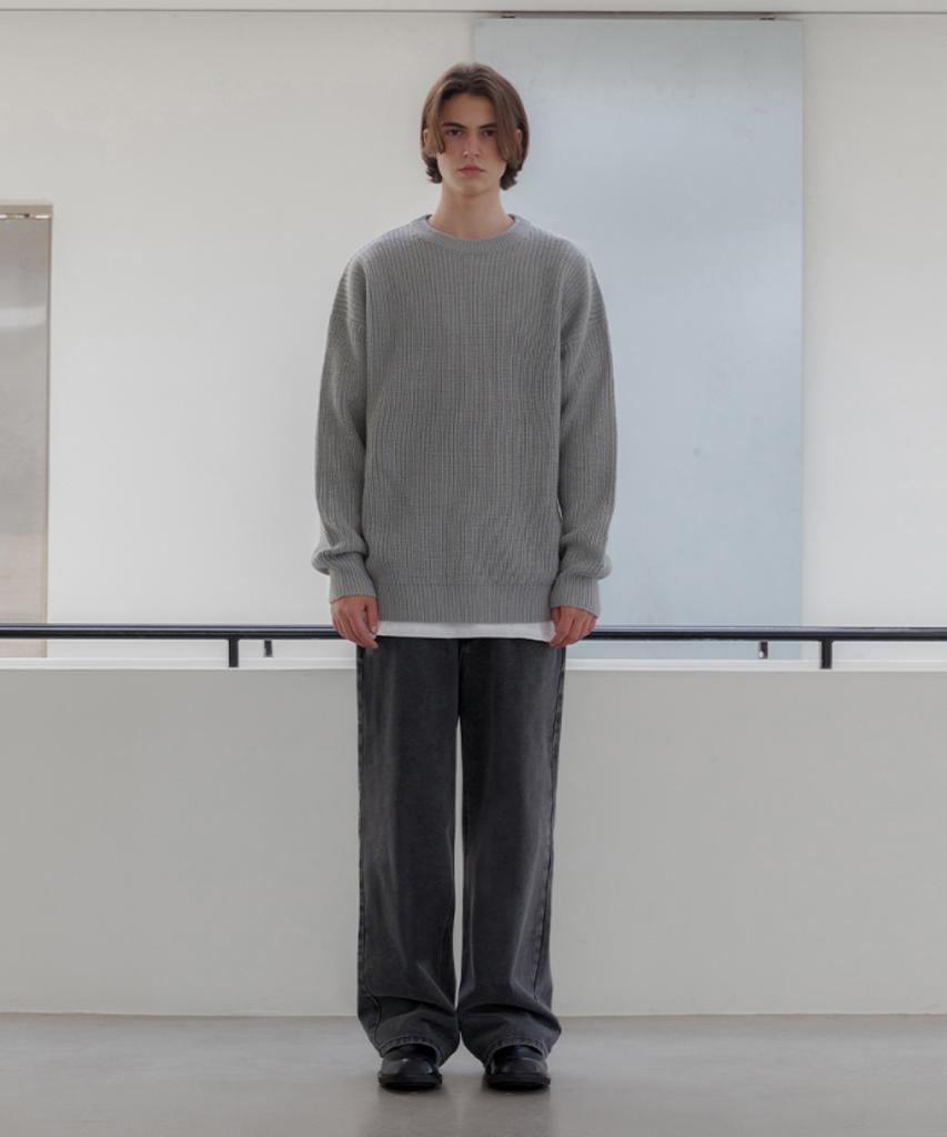 AGOD Crew Neck Ribbed Oversized Hacci Knit [Gray]