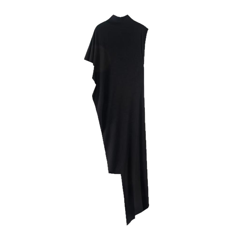 Summer new European and American asymmetrical turtleneck pullover pleated knitted thin long dress