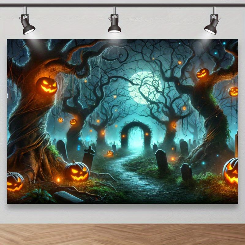 1Pcs Halloween Photography Background Cloth Pumpkin Lanterns and Twisted Trees in the Mysterious Forest 180X110