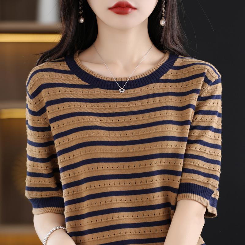 Round Neck Contrast Striped Knitted Short-sleeved Summer Style Loose Slim Hollow Half-sleeved Pullover T-shirt Top Hot Season Thin