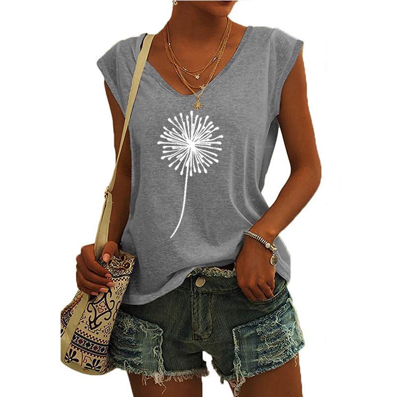 2023 Trendy Women's V-neck Print Cap Sleeve Loose T-shirt Top