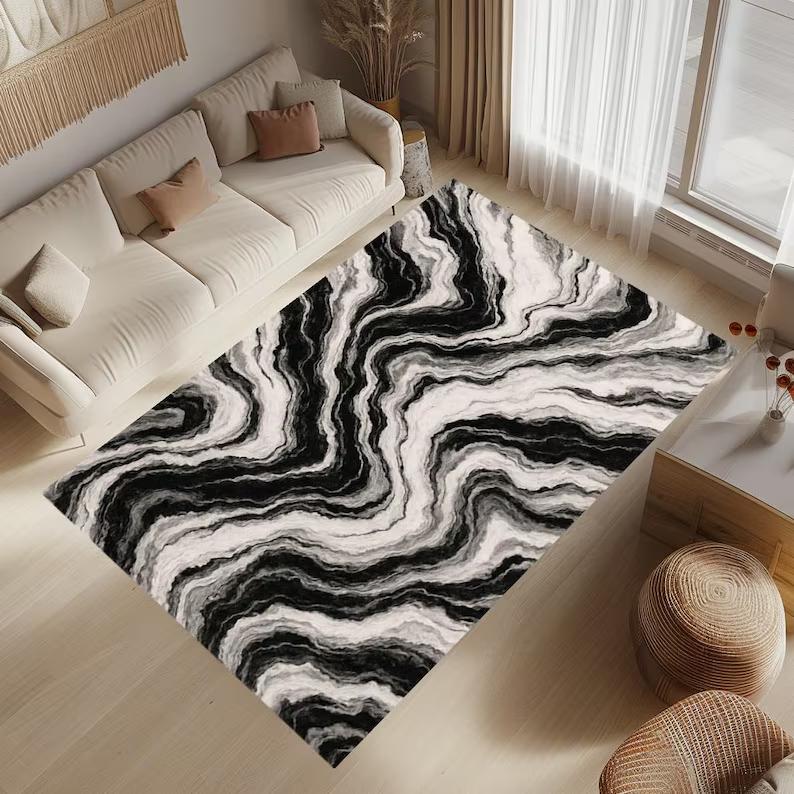 Black Marble Design Area Rug with Gold Accents Modern Carpet for Living Room Elegant Floor Mat Stylish Home Rug Gold Framed Rug