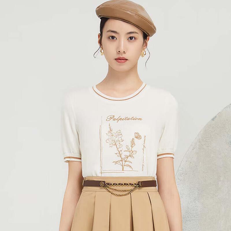 

JESSIE Elegant Floral Contrast Short Sleeve Knit Top M