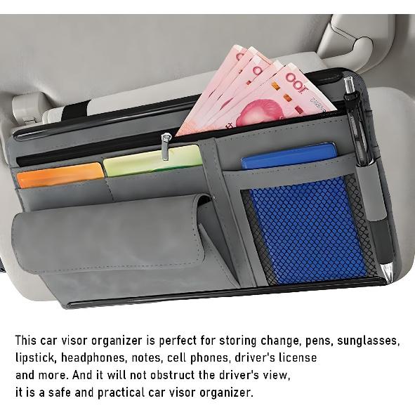 Car Sun Visor Organizer, Soft Leather Surface Eyeglasses Note Card Holder Car Storage Bag, Scratch-Resistant Waterproof Auto Sunshade Organizer Bag,