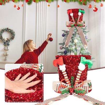 Christmas Tree Topper Hat, Funny Legs Tree Topper Hat, Red Sequins Bowler Hat With Lengthened Bow Ribbon Christmas Tree Ornaments