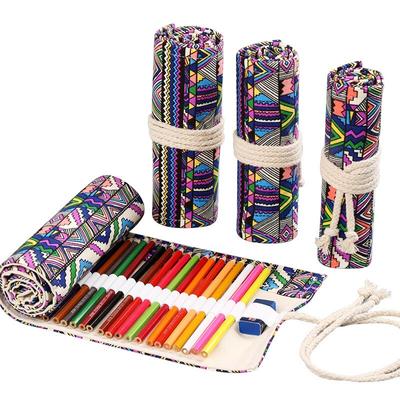 48 Holes Canvas Roll Up Pencil Case School Students Supplies Brush Pen Bag Cute Pencil Cases Stationery
