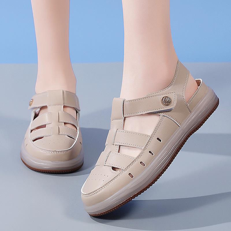 New Summer Fashion Casual Sandals Cowhide Hole Shoes Versatile Flat Mother Comfort Sandals