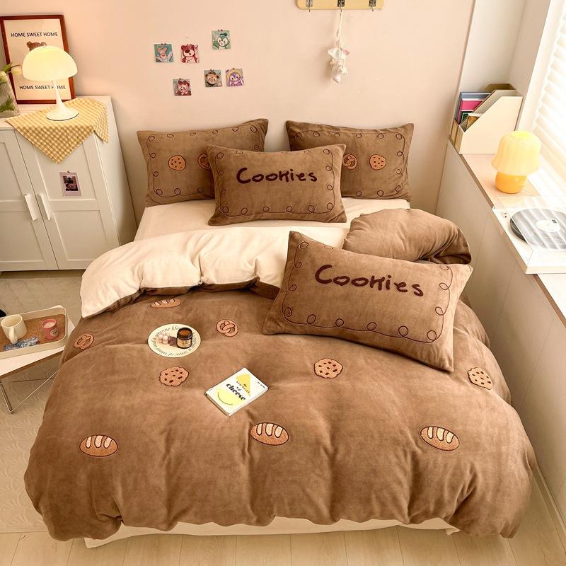 Cartoon Milk Velvet Four Piece Patch Embroidered Coral Velvet Quilt Cover Flannel Sheet Quilt Cover