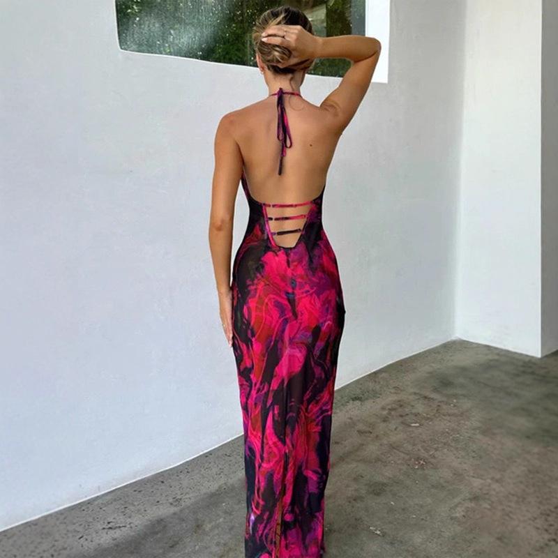 New printed neck strap dress low cut sexy halter suspender skirt fashion temperament hip wrap dress