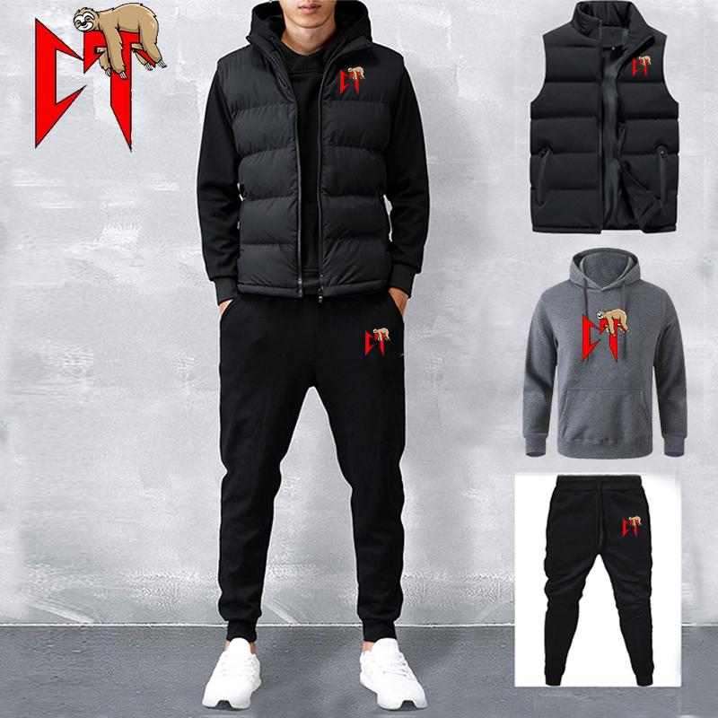 Men's Tracksuit  Vest+Hoodies+Sweatpants Suit Casual Jogger Sportswear 3 Piece Male Fleece Streetwear Sets