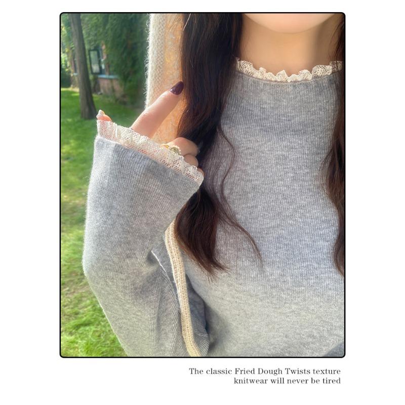 Elegant Fashion Lace Knitted Bottoming Shirt for Women Autumn and Winter Semi-turtleneck Pullover Sweaters Long Sleeve Slim Fit Clothes 2524