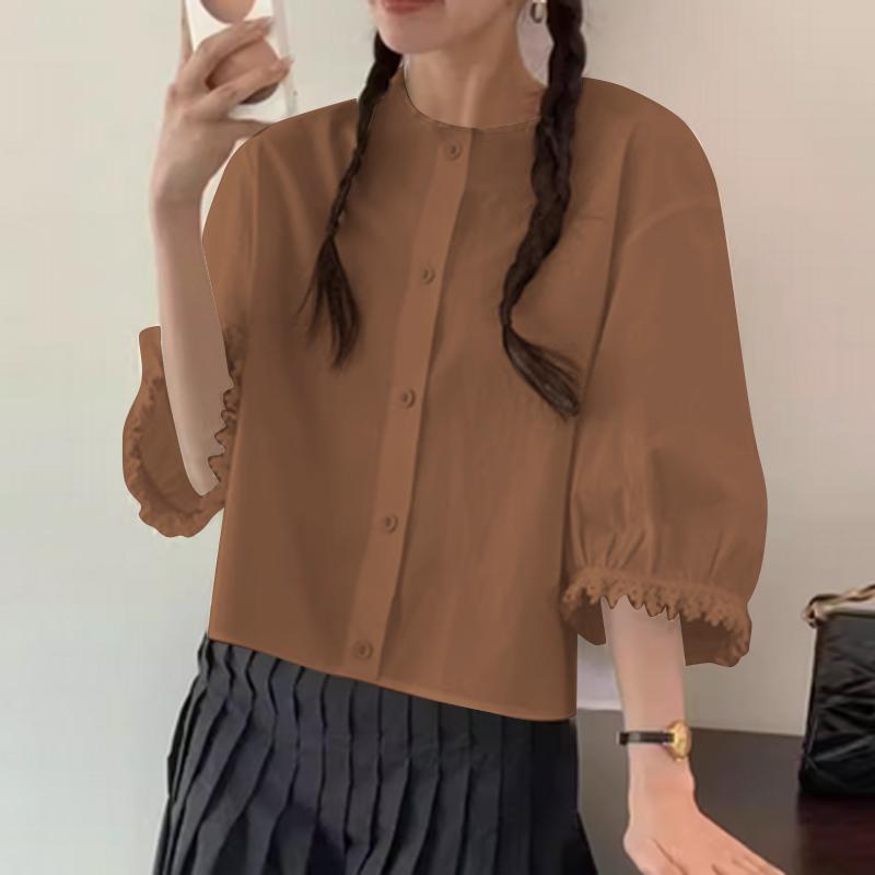 VONDA Damen Sommer Rundhals Spitze Kurzarm Einfarbig Blusen