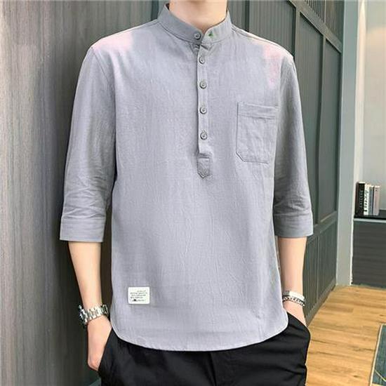 

Мужская летняя рубашка из хлопка и льна в китайском стиле с воротником-стойкой и рукавами три четверти 3XL