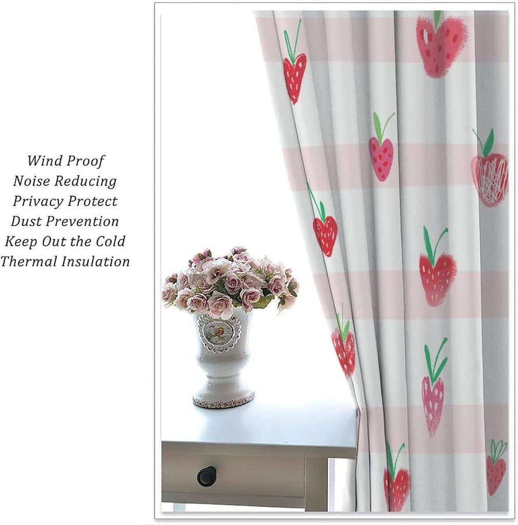 Boho Strawberries Curtains Cute Pink Bohemia Fruit Rod Pocket Blackout Window Treatment for Kitchen Living Room Girls Woman Room