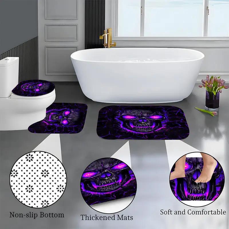 Gothic Purple-Eyed Skull Bathroom Set With Shower Curtain, Toilet Lid Cover & Mats Glowing Skull Design Dark Gothic Decor Gift