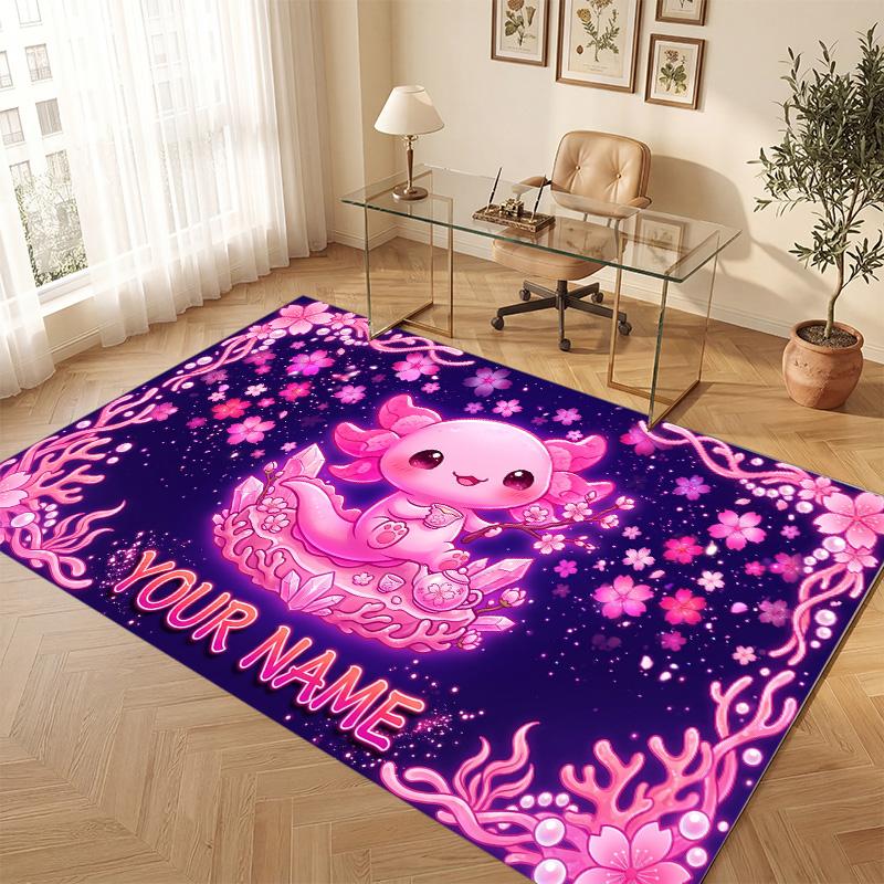 Axolotl Theme Soft Crystal Velvet Rug Custom Name & Text Print Non Slip Floor Rug for Bedroom Living Room